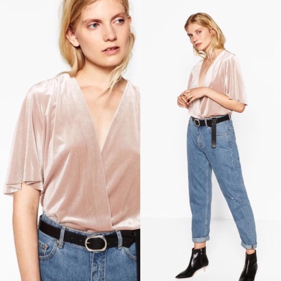 Zara Tops Nwot Zara Nude Beige Velvet Bodysuit Poshmark